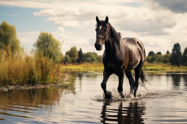 Un impresionante caballo oscuro y bien cuidado pasea con gracia junto a un tranquilo lago