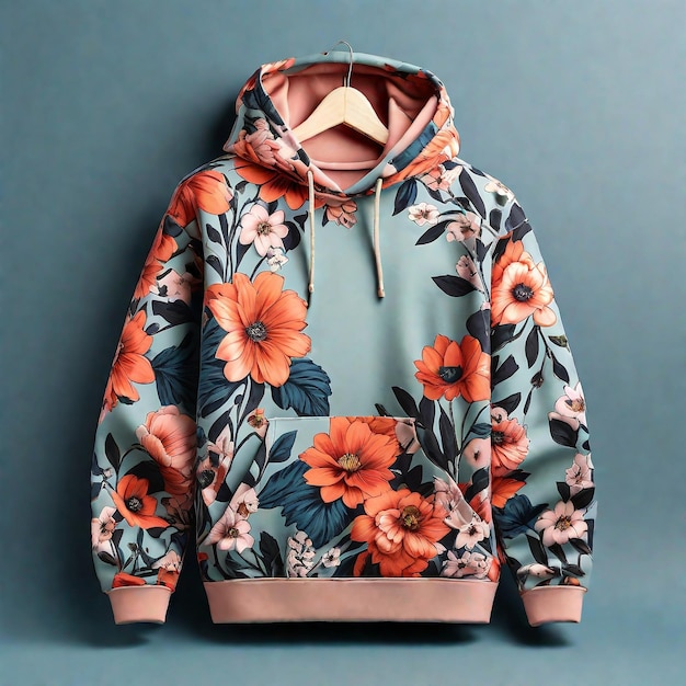 Una impresionante camiseta con capucha de impresión floral con bolsillo aislado en fondo de color