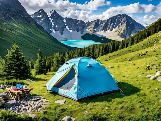 Foto impresionante campamento de montaña con una tienda vibrante una escapada de verano perfecta para los turistas aventureros