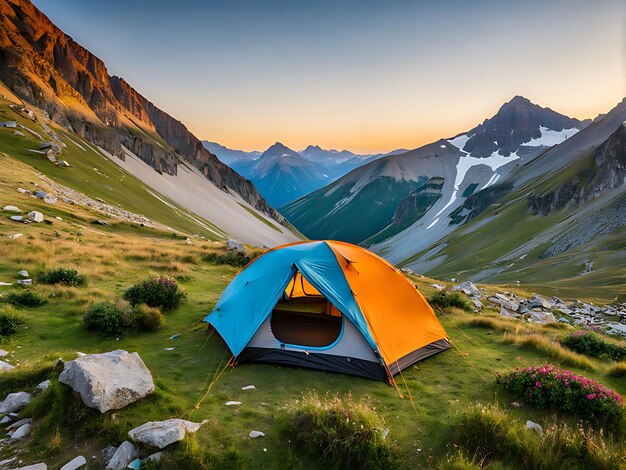 Foto impresionante campamento de montaña con una tienda vibrante una escapada de verano perfecta para los turistas aventureros