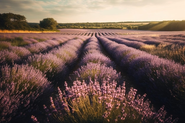 Impresionante campo de lavanda con rayos de sol atravesando las nubes