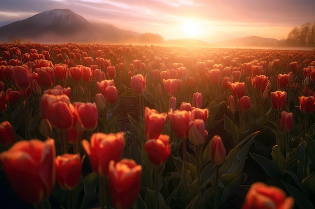 Impresionante campo de tulipanes disfrutando de la luz dorada de la mañana IA generativa