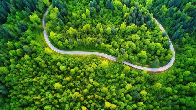 Una impresionante captura aérea de un río que serpentea a través de frondosos bosques y praderas vibrantes