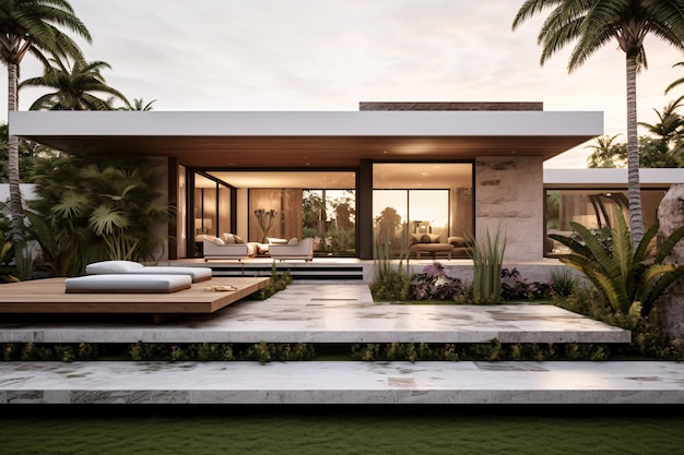 Impresionante casa moderna con una piscina serena en primer plano IA generativa