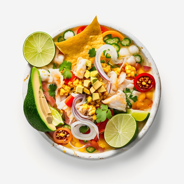 Impresionante ceviche en fotografía de alimentos de fondo blanco. Resalte los sabores vibrantes de América Latina