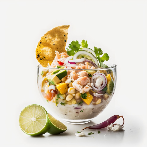 Foto impresionante ceviche en fotografía de alimentos de fondo blanco. resalte los sabores vibrantes de américa latina