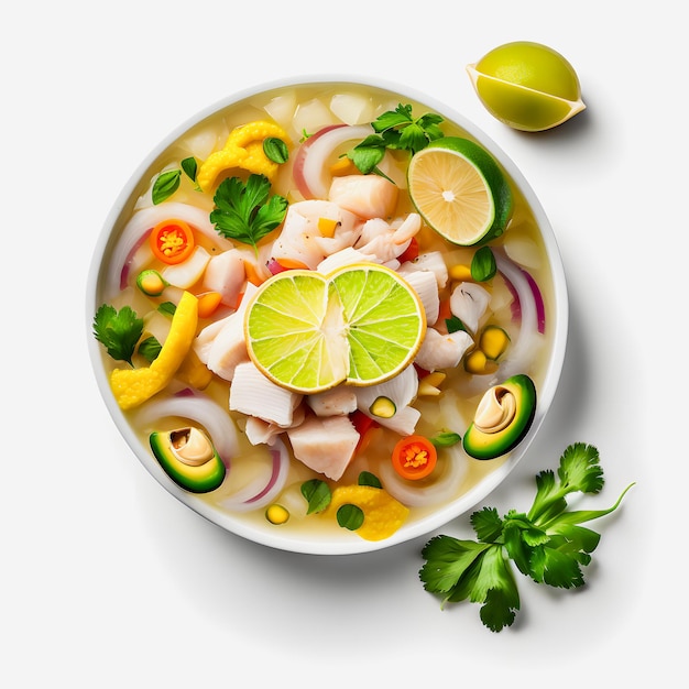 Impresionante ceviche en fotografía de alimentos de fondo blanco. Resalte los sabores vibrantes de América Latina