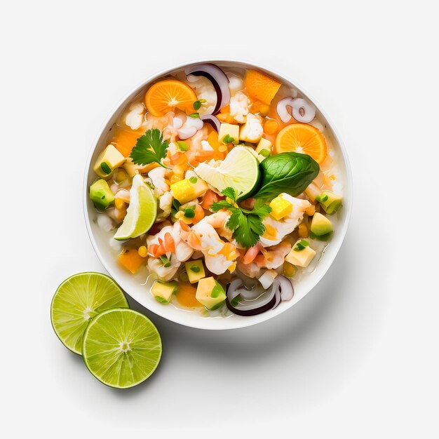 Impresionante ceviche en fotografía de alimentos de fondo blanco. Resalte los sabores vibrantes de América Latina