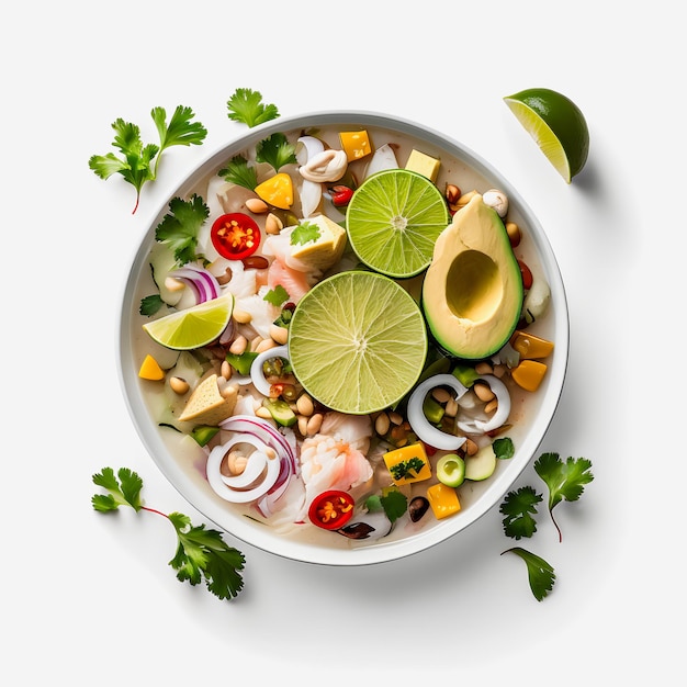 Impresionante ceviche en fotografía de alimentos de fondo blanco. Resalte los sabores vibrantes de América Latina