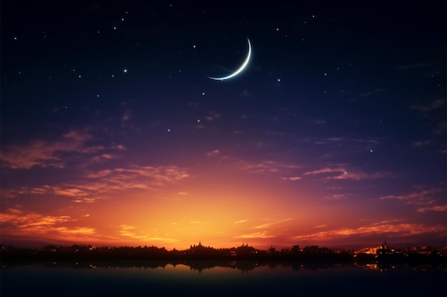 Un impresionante cielo nocturno con una estrella de luna creciente y texto en árabe