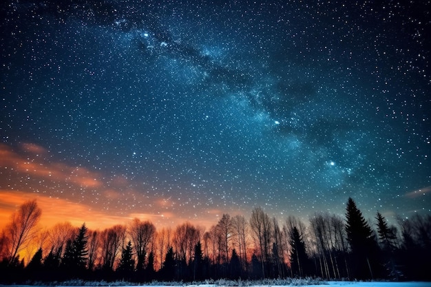 Impresionante cielo nocturno con estrellas centelleantes y árboles altos IA generativa