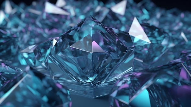 Una impresionante colección de diamantes azules que brillan intensamente contra un fondo oscuro Generativo ai