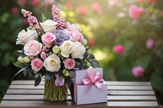 Impresionante y colorido ramo de flores con caja de regalo en el fondo de la naturaleza