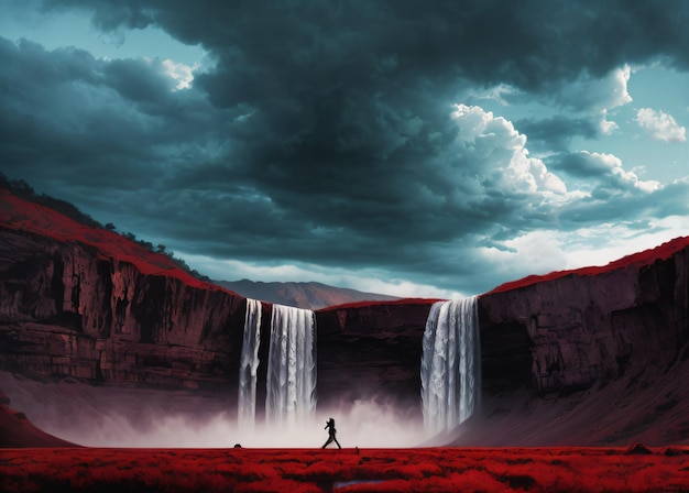 Foto impresionante cómic cinematográfico ilustración gráfica de la cascada de sangre cielo dramático