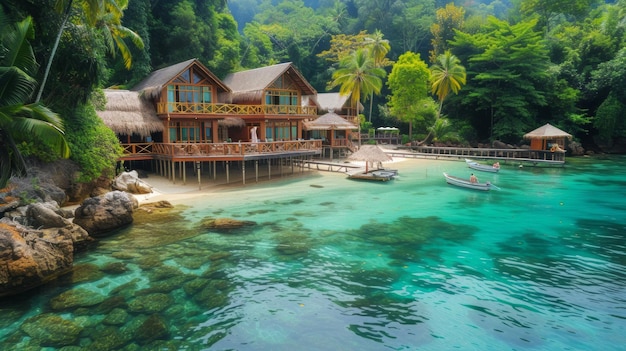 Impresionante complejo tropical con un barco en el agua