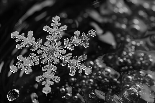 Un impresionante copo de nieve blanco y negro en la superficie del agua