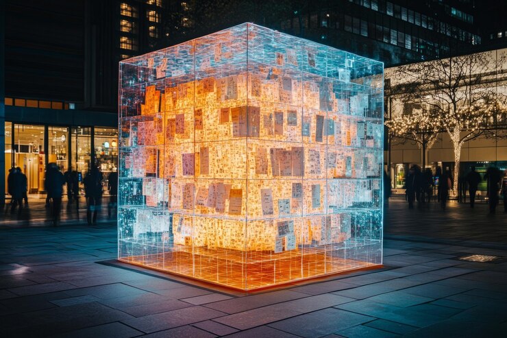 Foto un impresionante cubo iluminado da forma al paisaje de la ciudad la estructura brilla en colores vibrantes cautivando a los espectadores y mejorando la atmósfera el arte y la tecnología se unen aquí ia generativa