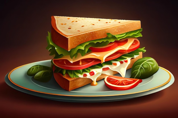 Impresionante Día Nacional del Sándwich Un delicioso sándwich abundante con ensalada de tomate y queso está en un plato Generativo Ai