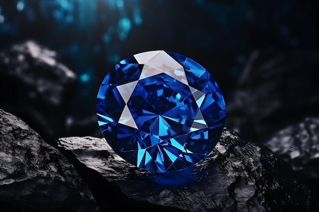 Un impresionante diamante azul posado sobre una superficie rocosa