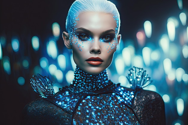 Impresionante diseño de moda cibernético bioluminiscente futurista que brilla intensamente IA generativa AIG15