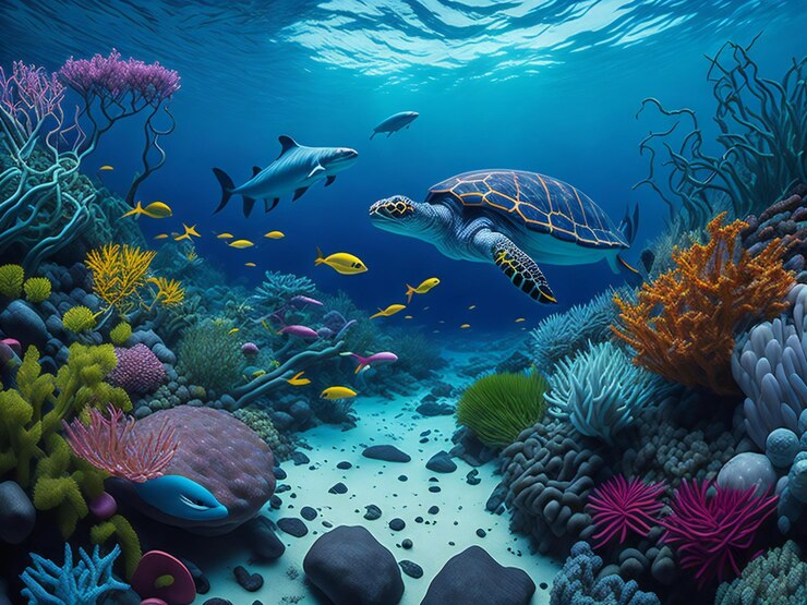 Un impresionante diseño de paisaje que captura el vibrante y diverso ecosistema del océano