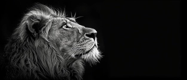 Foto impresionante y dramático retrato de perfil de león africano sobre fondo negro el verdadero rey de las criaturas mira hacia adelante en una foto monocromática de clave baja