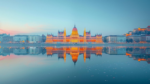 Foto impresionante edificio del parlamento húngaro en el crepúsculo con reflejo perfecto en budapest