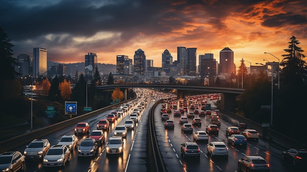 Impresionante escena aérea de una bulliciosa autopista urbana perfecta para los blogs de transporte