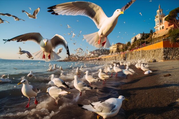 Foto impresionante escena una bandada de gaviotas hambrientas limpiando la playa de giardini di naxos, en sicilia, italia