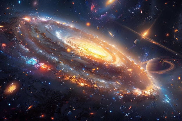 Impresionante escena cósmica con galaxias, estrellas y planetas