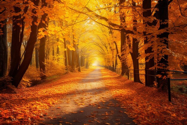 Impresionante escena de otoño con un camino en el bosque y las hojas en el suelo