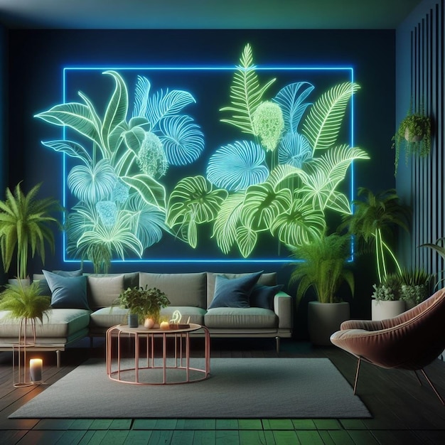 Impresionante espacio de plantas diseño interior de sala de estar de neón IA Imagen generada