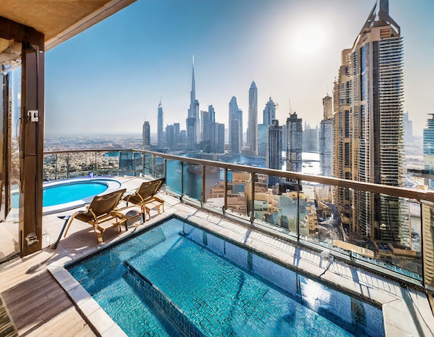 Impresionante y espaciosa terraza de ático con piscina y vistas a los rascacielos de Dubai de los Emiratos Árabes Unidos