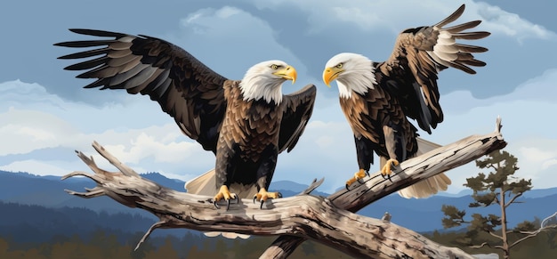 Foto impresionante exhibición de majestad dos águilas calvas afirman su dominación en la copa de los árboles