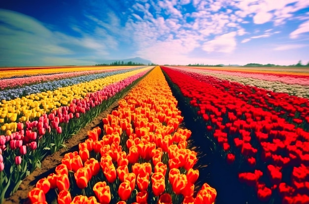 Una impresionante exhibición de tulipanes de colores en un campo