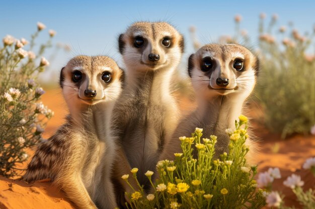 Foto una impresionante familia de suricatas navegando a través del vibrante paisaje de safari africano.