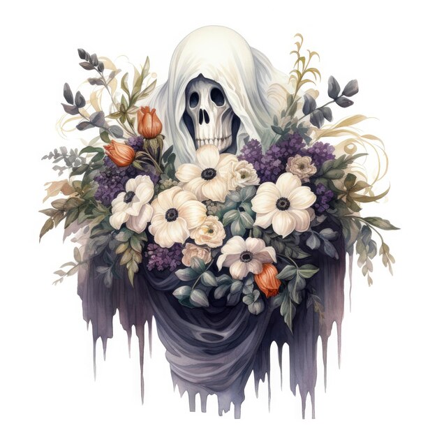 Un impresionante fantasma sosteniendo un ramo de flores y disfrutando de las festividades de Halloween.