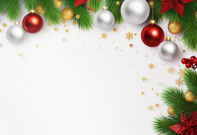 Impresionante fondo de cartel navideño con adornos festivos y hojas de árboles de Navidad