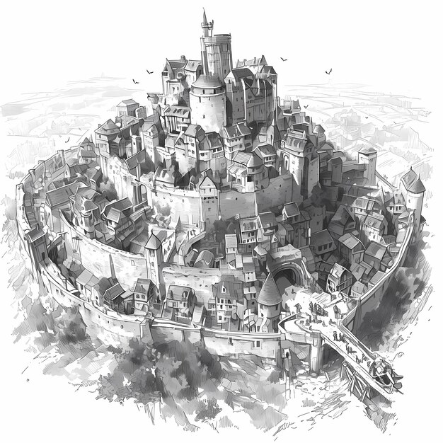 Impresionante fortaleza medieval, castillo y ciudad Ilustración