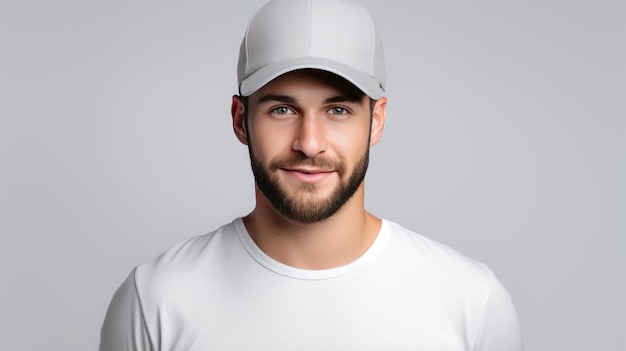 impresionante foto de un hombre guapo con una maqueta de gorra de béisbol gris en vista frontal aislado en blanco