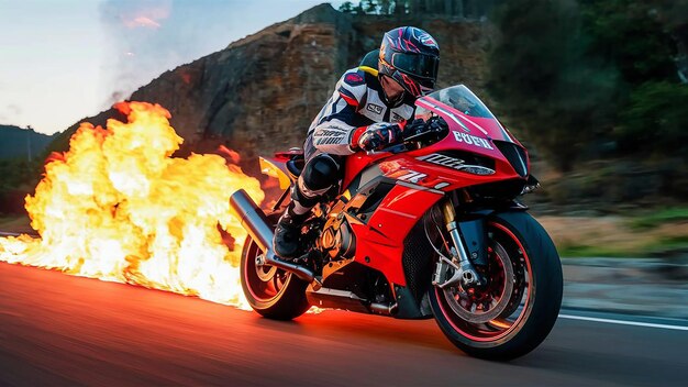 Foto impresionante foto de un motociclista motociclista conduciendo una bicicleta deportiva en llamas