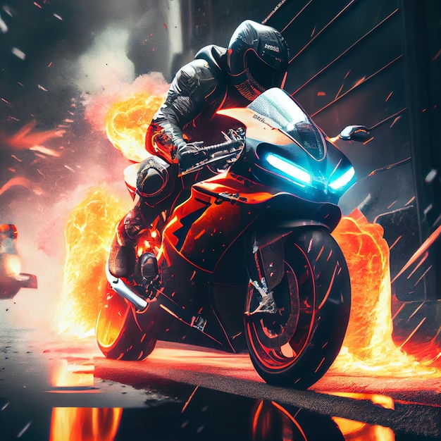 Impresionante foto de motociclista motociclista conduciendo moto deportiva en llamas