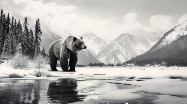 Impresionante foto de oso blanco y negro en un paisaje alpino nevado