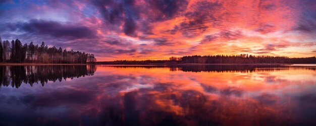 Impresionante foto panorámica de una colorida puesta de sol sobre un tranquilo panorama del lago