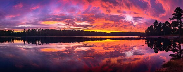 Impresionante foto panorámica de una colorida puesta de sol sobre un tranquilo panorama del lago