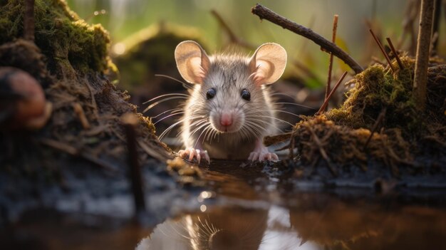 Foto impresionante foto de resolución 8k de una rata mirando el reflejo en un agujero de agua