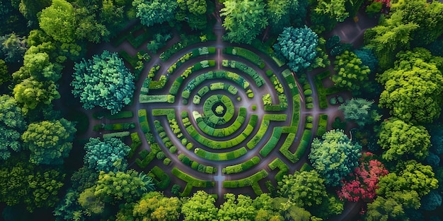 Impresionante fotografía aérea del laberinto del jardín botánico Concepto Fotografía aérea El laberinto de los jardines botánicos La belleza natural Fotografías de drones