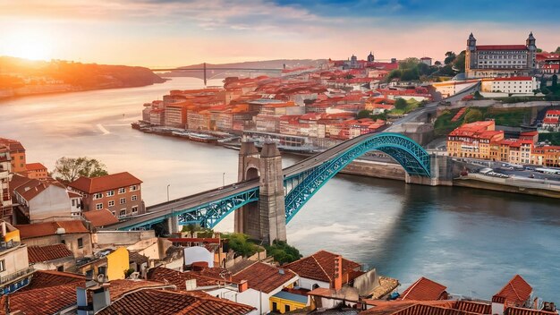 Foto impresionante fotografía de una antigua ciudad de porto desde el otro lado del río duero