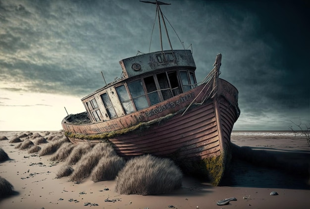 Impresionante fotografía de un barco que ha sido abandonado en la orilla