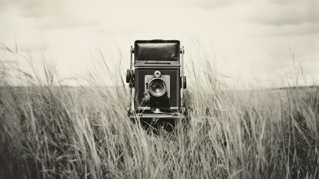 Impresionante fotografía en blanco y negro de una cámara antigua en la hierba